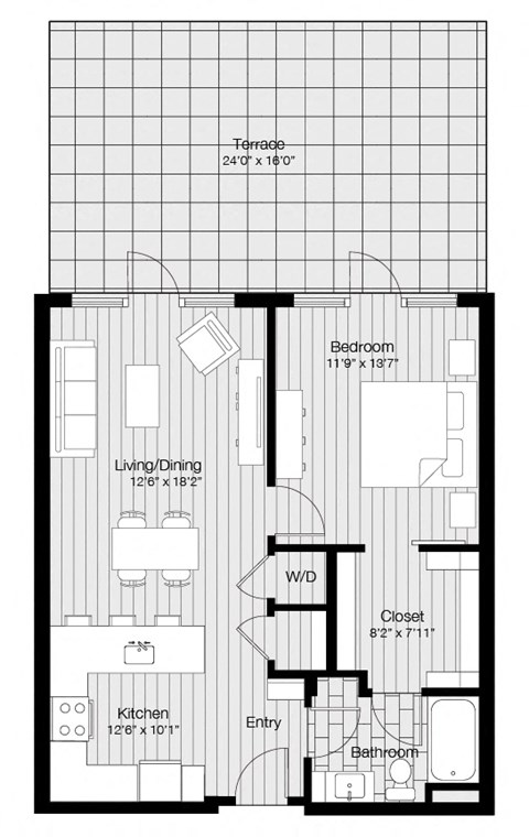 Floor plan for 1 bed, 1 bath, 750 sqft